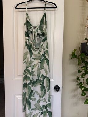 Show Me Your MuMu White Maxi Dress with Green Leaf Print and Tie Front